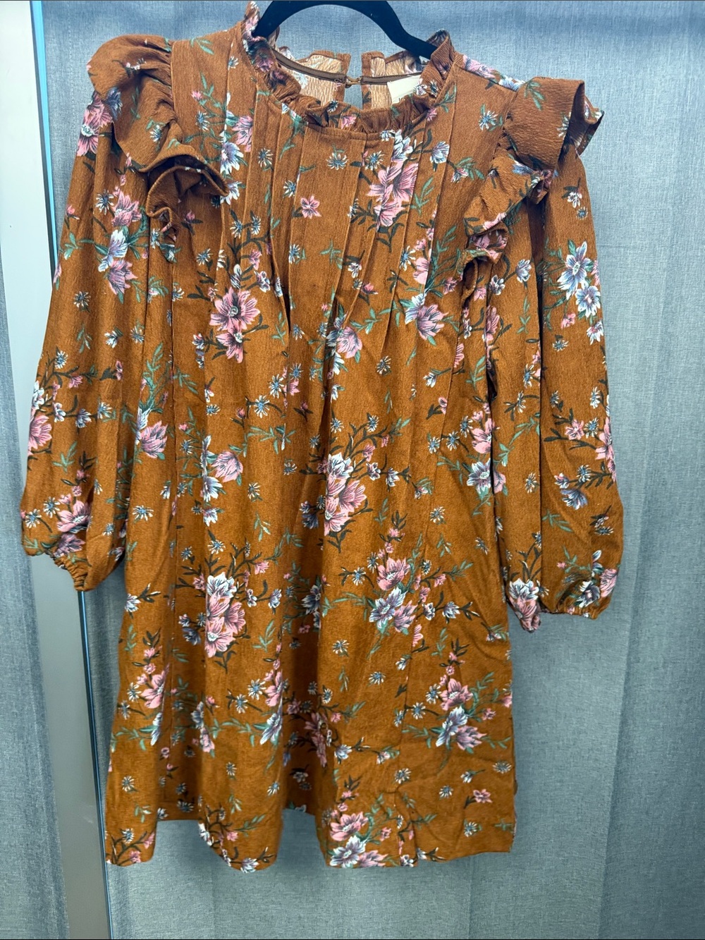 Umgee Rust Floral Ruffle Neck Long Sleeve Dress